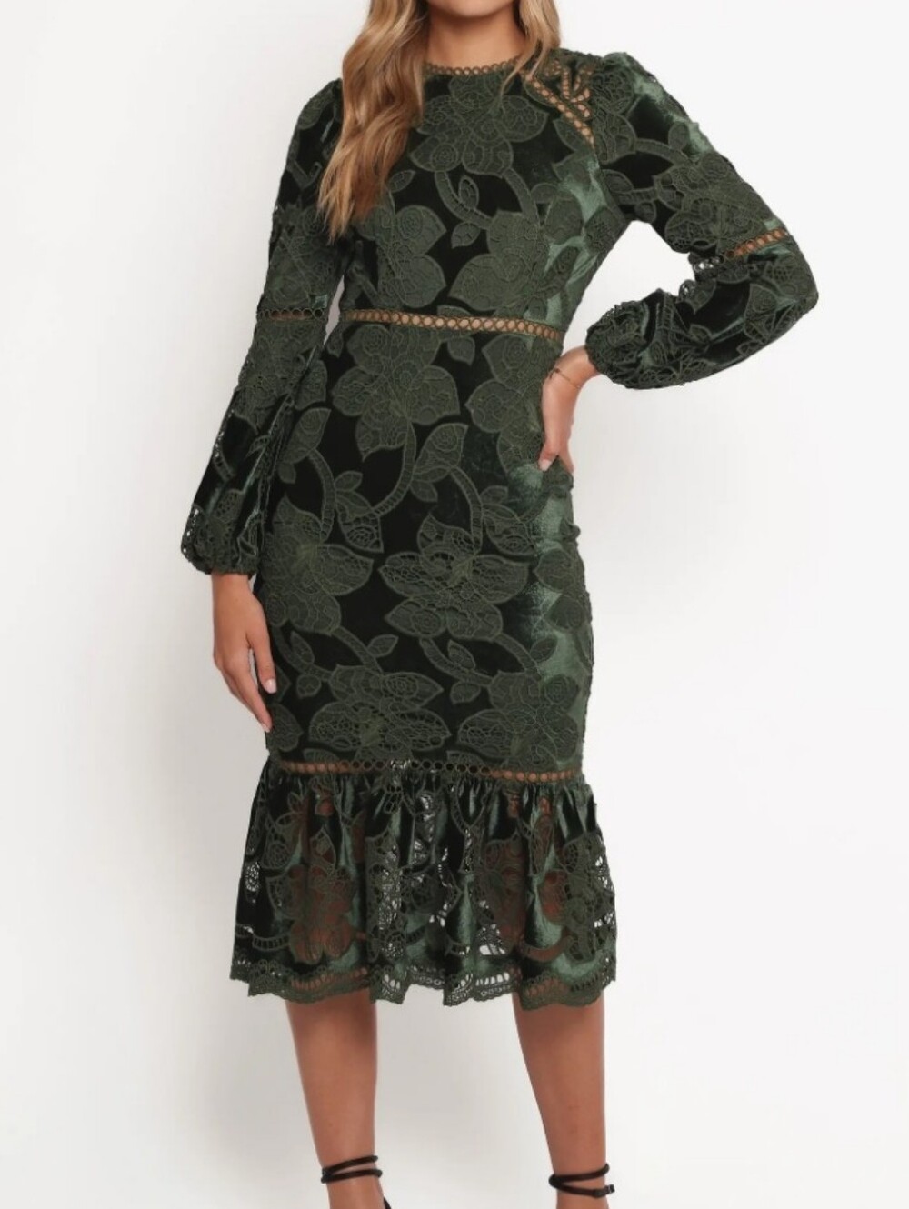 Petal & Pup Pierre Pierre Long Sleeve Velvet & Lace  Midi Dress